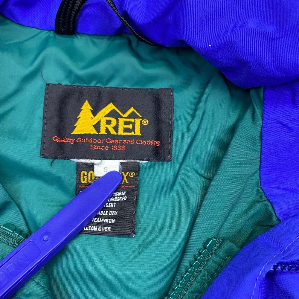REI Gore-Tex‎ Jacket Blue Green Hooded Outdoor Hiking Adventure Size S Grunge